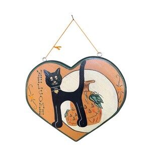 Vtg Handpainted Black Cat Halloween Pumpkin Wooden Heart Welcome Sign Folk Art